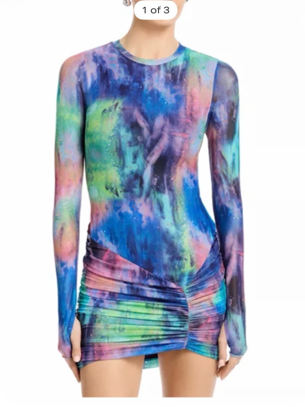 AFRM Multicolor Blue Green Purple Ruched Long-Sleeve Bodycon Dress